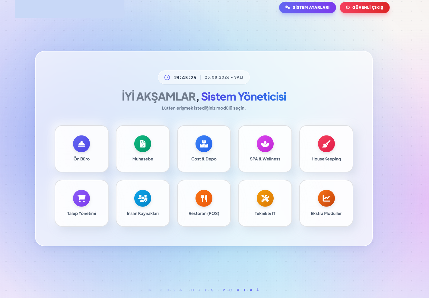 DTYS Portal: ön büro, Cost ve depo, talep yönetimi, insan kaynakları ve teknik operasyon modülleri